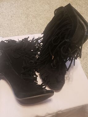 Shoe Republic LA Black Fringe Peep-Toe Heeled Ankle Boots